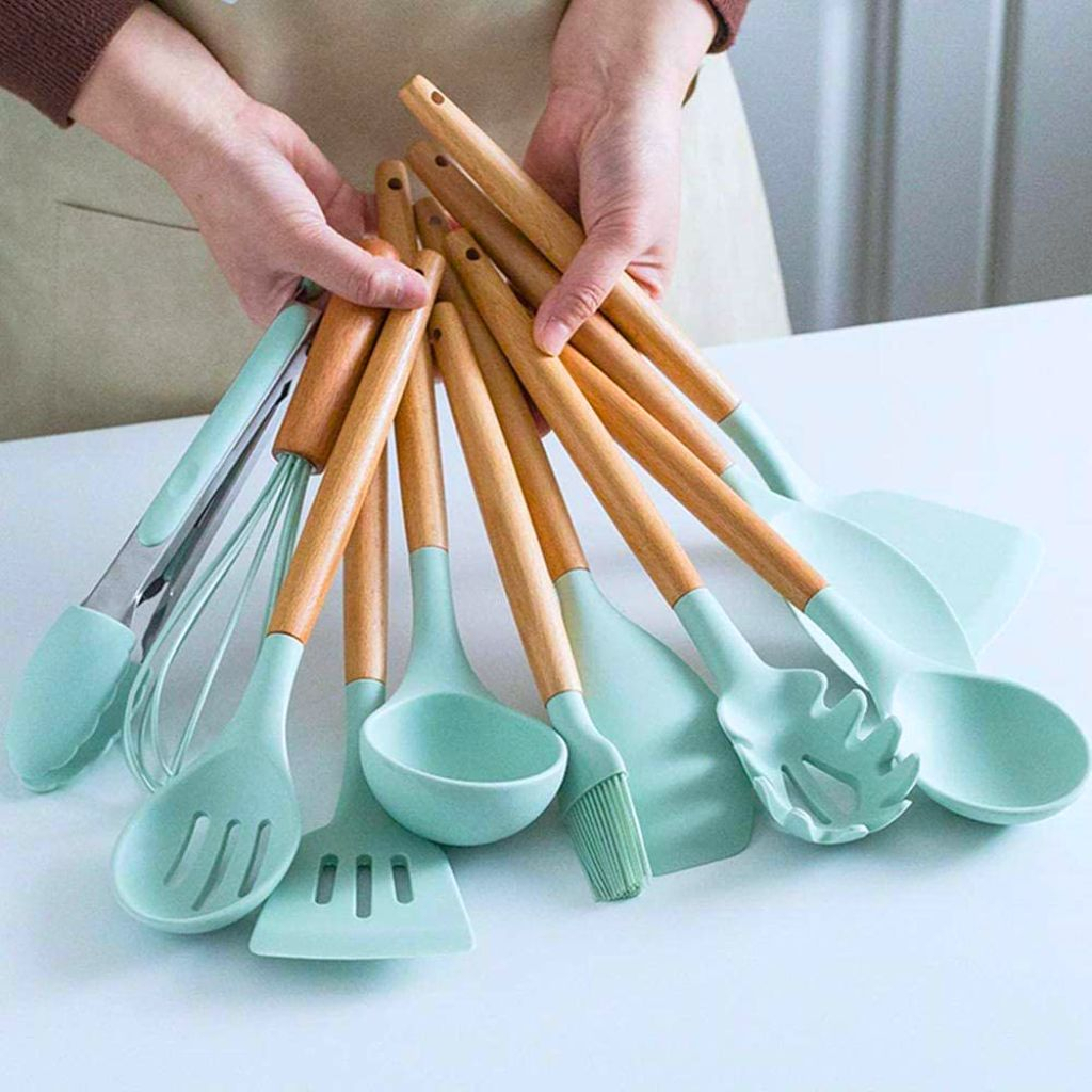 Kit Utensílios Cozinha Silicone e Bambu 12 Peças