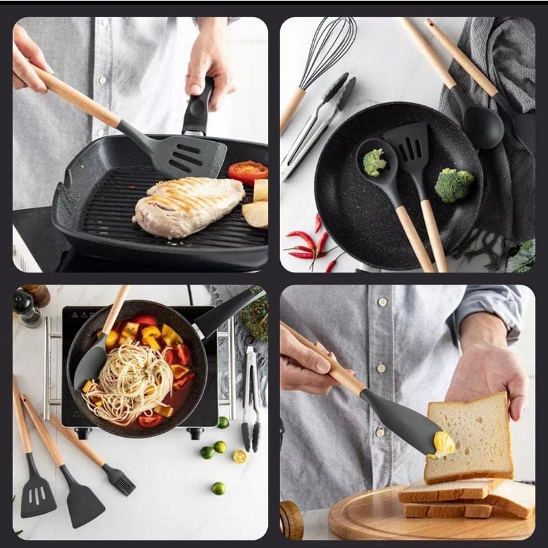 Kit Utensílios Cozinha Silicone e Bambu 12 Peças