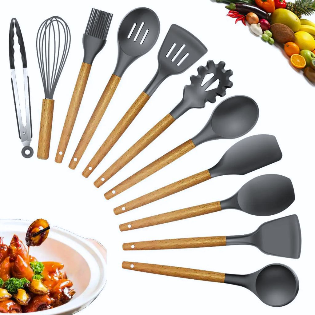 Kit Utensílios Cozinha Silicone e Bambu 12 Peças