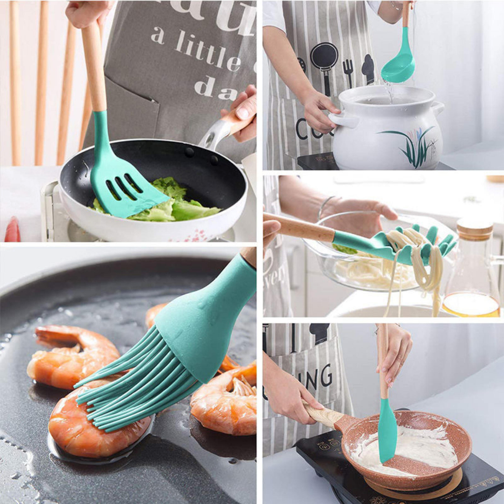Kit Utensílios Cozinha Silicone e Bambu 12 Peças