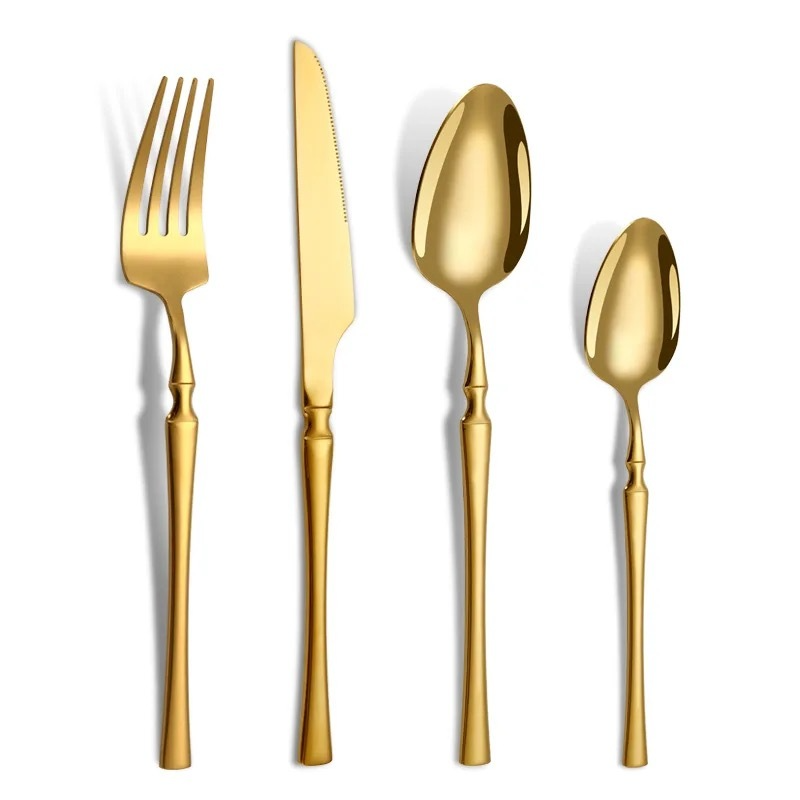 Jogo 24 Peças Talheres Dourado Aço Inox, Faca, Garfo, Colher de Mesa e Sobremesa