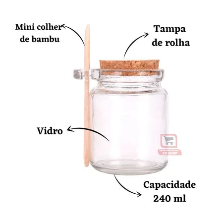 Kit Potes de Vidro 240ml com Tampa Rolha e Colher de Bambu - Entrega Grátis