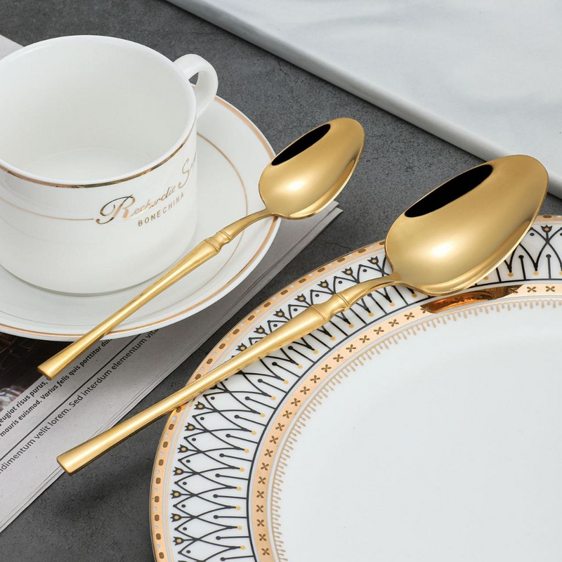Jogo 24 Peças Talheres Dourado Aço Inox, Faca, Garfo, Colher de Mesa e Sobremesa