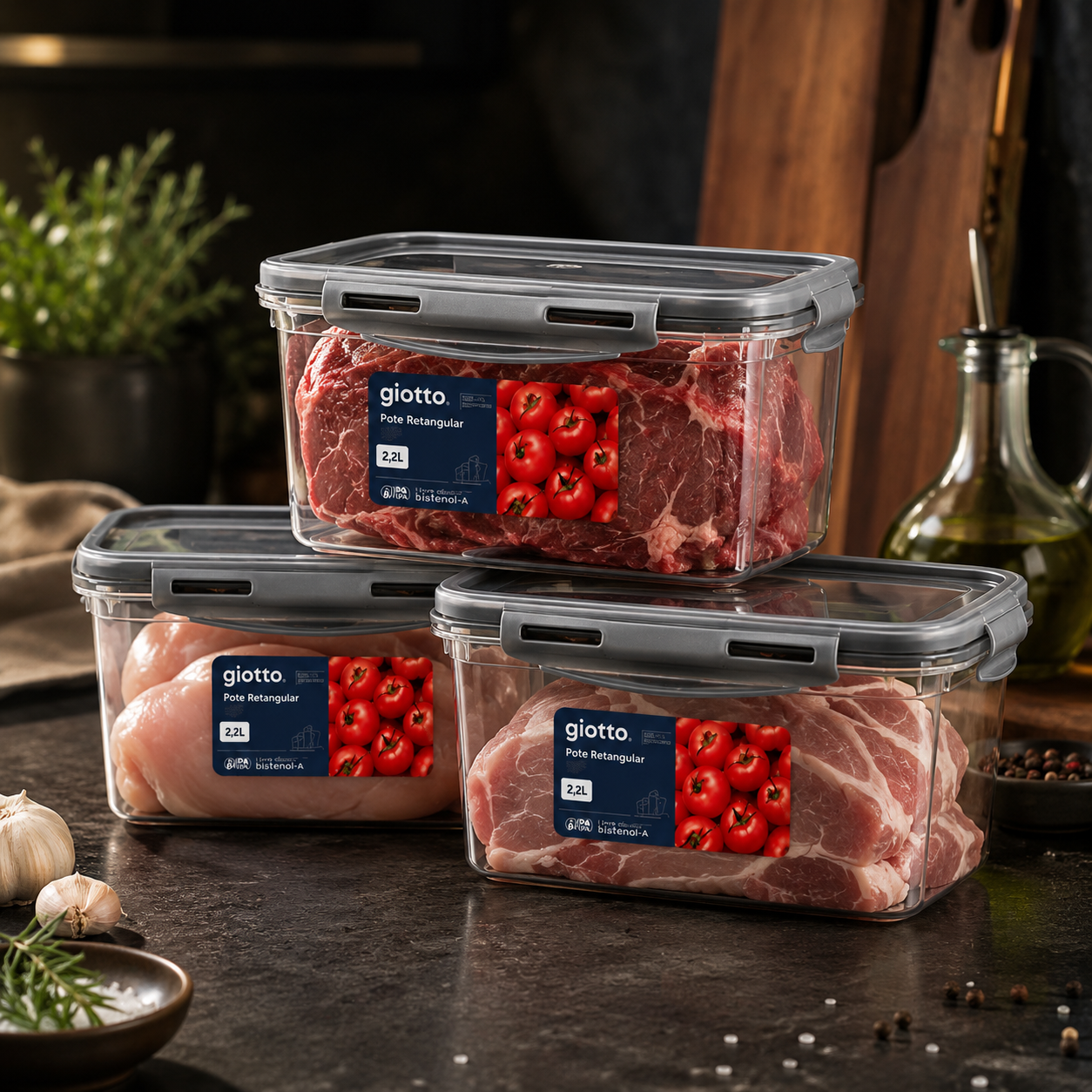 Kit Potes Grandes de 2,2 Litros Com Tampa e Trava Para Micro-Ondas e Freezer - Entrega Grátis