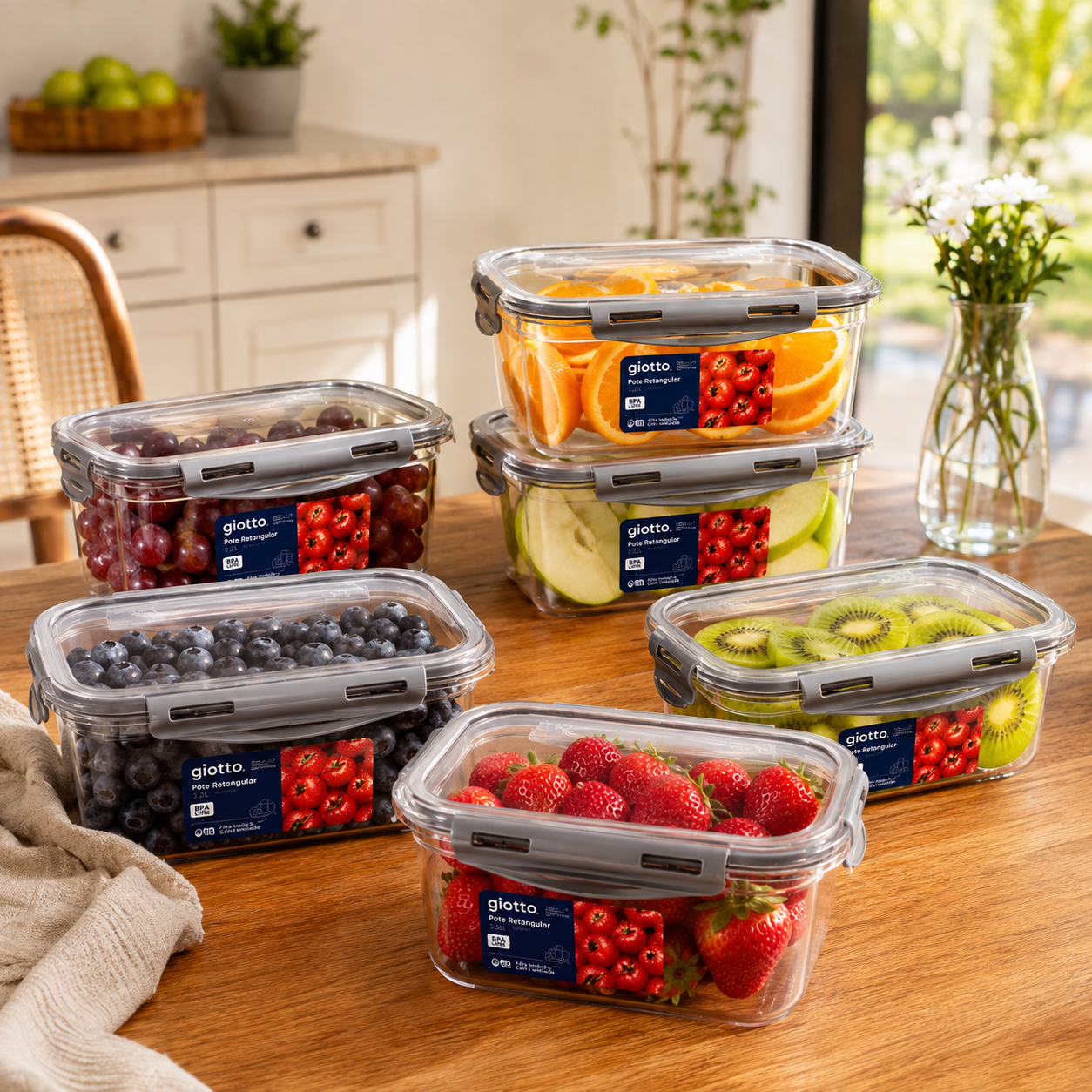 Kit Potes Grandes de 2,2 Litros Com Tampa e Trava Para Micro-Ondas e Freezer - Entrega Grátis