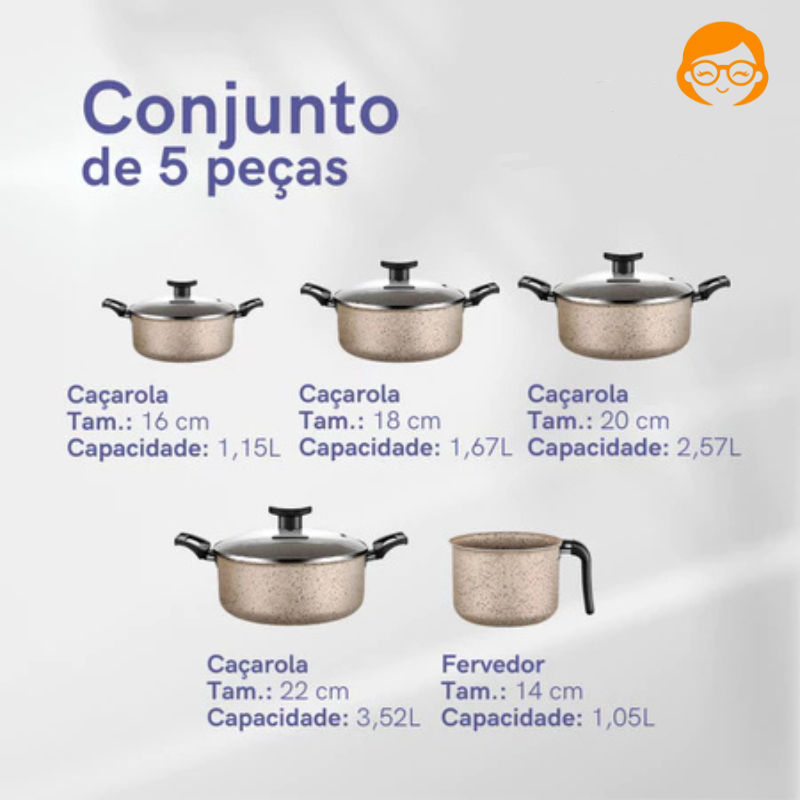 Conjunto Panela Caçarolas Antiaderente Tampa De Vidro 5 peças