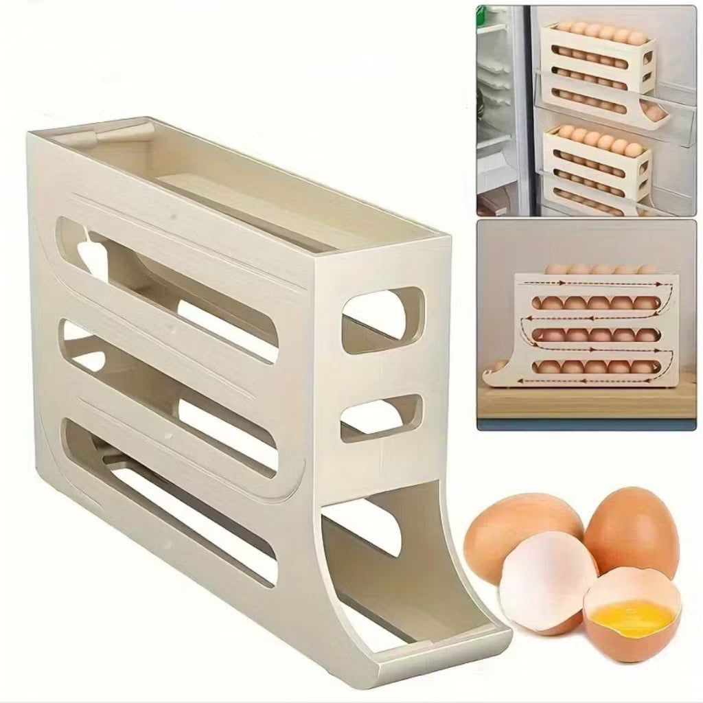 Organização, praticidade e segurança em um só produto! Este Porta Ovos com Dispenser acomoda até 30 ovos distribuídos em 4 andares deslizantes. Seu sistema inteligente permite que os ovos rolem suavemente para frente conforme você retira os de baixo, sempre mantendo os mais antigos acessíveis primeiro. Compacto e moderno, ele otimiza o espaço da geladeira e traz mais agilidade para sua rotina. Ideal para cozinhas grandes ou pequenas!