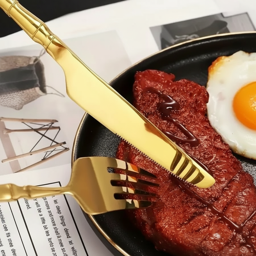 Jogo 24 Peças Talheres Dourado Aço Inox, Faca, Garfo, Colher de Mesa e Sobremesa - Entrega Grátis