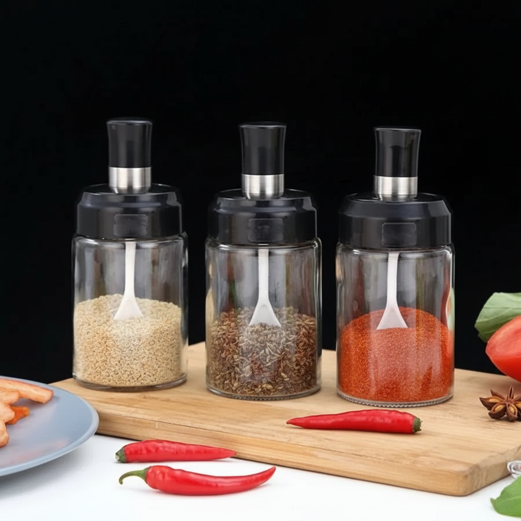 Kit Porta Tempero Condimento de Vidro com Tampa e Colher Embutida - Entrega Grátis