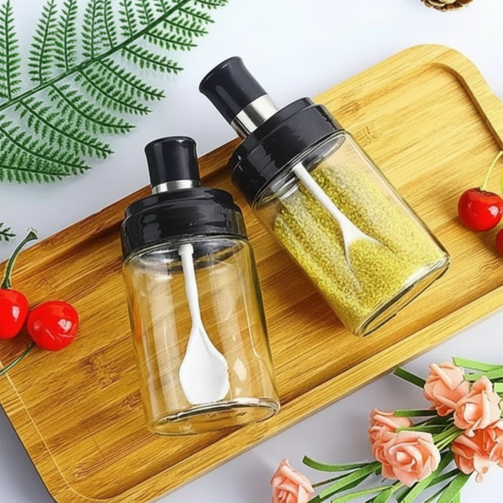 Kit Porta Tempero Condimento de Vidro com Tampa e Colher Embutida - Entrega Grátis