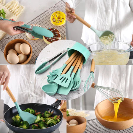 Kit Utensílios Cozinha Silicone e Bambu 12 Peças