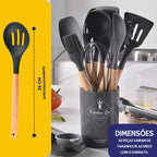 Kit Utensílios Cozinha Silicone e Bambu 12 Peças