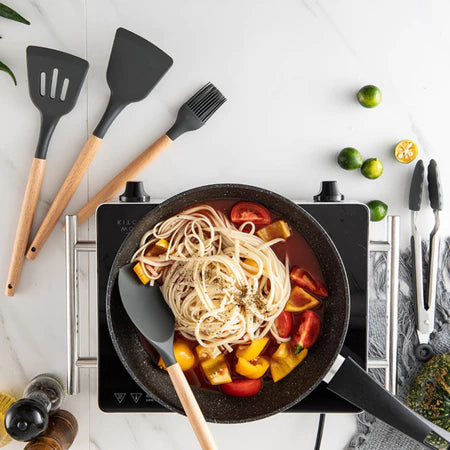 Kit Utensílios Cozinha Silicone e Bambu 12 Peças