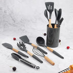Kit Utensílios Cozinha Silicone e Bambu 12 Peças