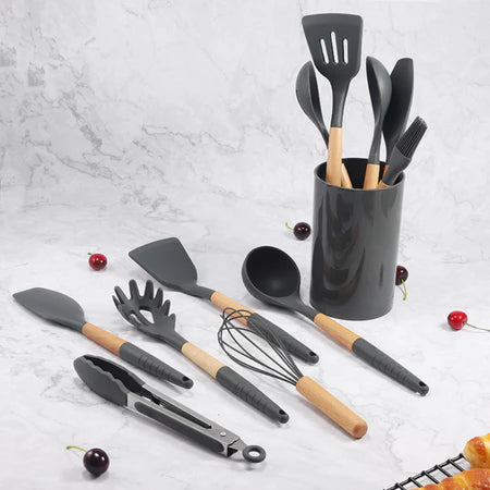 Kit Utensílios Cozinha Silicone e Bambu 12 Peças