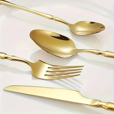 Jogo 24 Peças Talheres Dourado Aço Inox, Faca, Garfo, Colher de Mesa e Sobremesa - Entrega Grátis