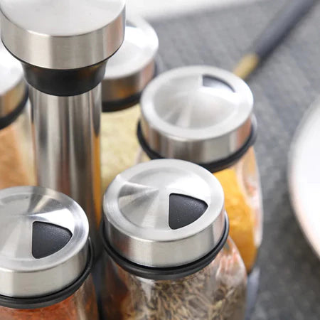 Porta Temperos e Especiarias Giratório Em Inox e Vidro Com 7 Peças Para Cozinha - Entrega Grátis