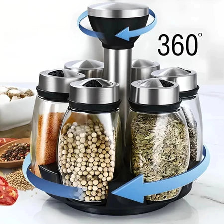Porta Temperos e Especiarias Giratório Em Inox e Vidro Com 7 Peças Para Cozinha - Entrega Grátis