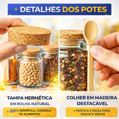 Kit Potes de Vidro 240ml com Tampa Rolha e Colher de Bambu - Entrega Grátis