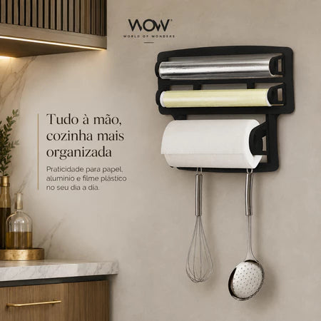 Triplex - Porta Papel Toalha Triplo Com Suporte Preto de Rolos Para Cozinha 3 em 1 - Entrega Grátis