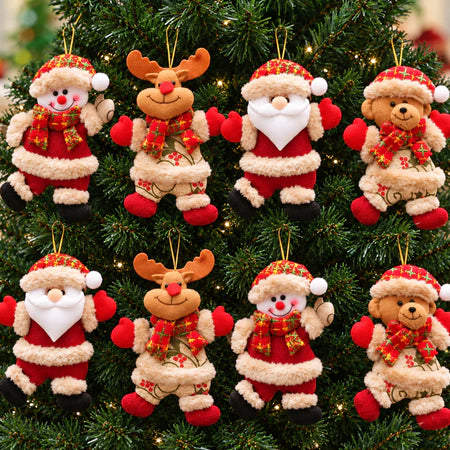 Kit Enfeites de Natal de Pelúcia Para Árvore com Papai Noel, Rena, Boneco de Neve e Urso - Entrega Grátis