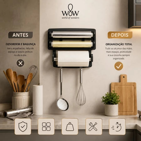 Triplex - Porta Papel Toalha Triplo Com Suporte Preto de Rolos Para Cozinha 3 em 1 - Entrega Grátis