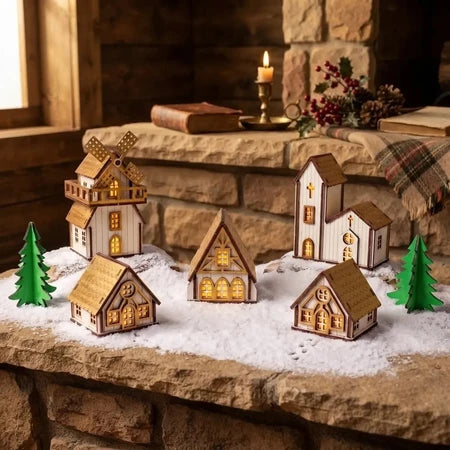 Kit Vila Natalina 7 Peças em Madeira Para Decoração Lindas e Ricas em Detalhes - Entrega Grátis