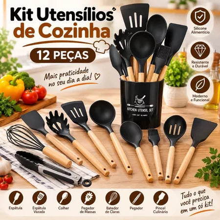 Kit Utensílios Cozinha Silicone e Bambu 12 Peças