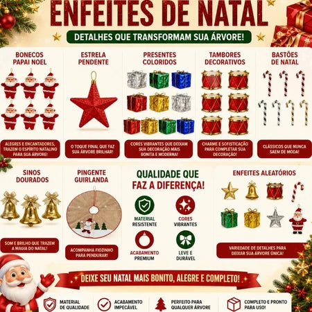 Arvore de Natal Decorada Por Completo de 1,50M com 220 Galhos + 70 Enfeites Completa Enfeitada Pinheiro Verde e Pisca Led - Entrega Grátis