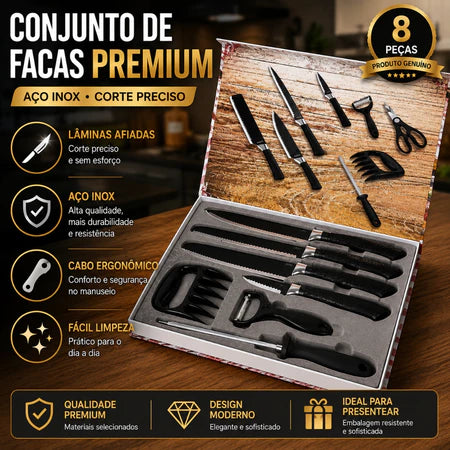 Conjunto de Facas Premium Kit Churrasco Profissional Em Inox 8 Peças - Entrega Grátis