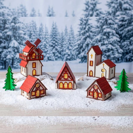 Kit Vila Natalina 7 Peças em Madeira Para Decoração Lindas e Ricas em Detalhes - Entrega Grátis