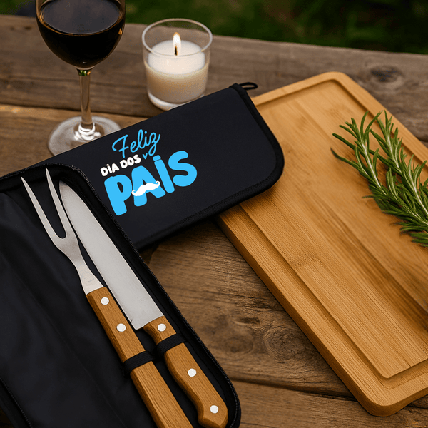 GrillPro - Kit Churrasco 2 Peças + Tábua Personalizada – O Presente Perfeito para o Pai Apaixonado por Churrasco!