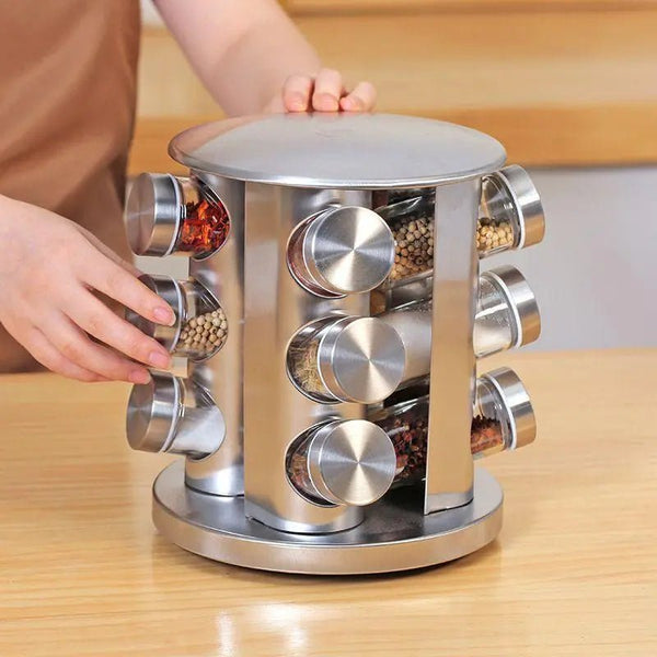 Porta Temperos e Condimentos Giratório em Inox - 12 Potes - Tia Malu