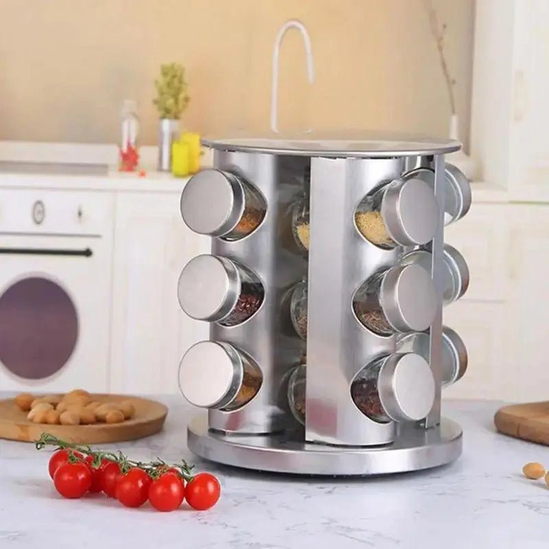 Porta Temperos e Condimentos Giratório em Inox - 12 Potes - Tia Malu