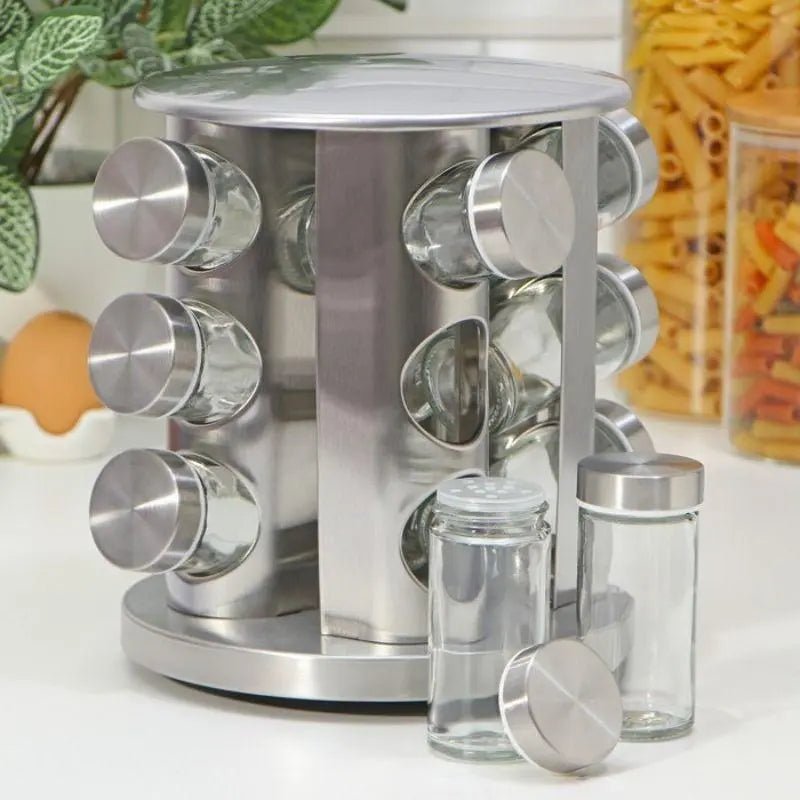 Porta Temperos e Condimentos Giratório em Inox - 12 Potes - Tia Malu