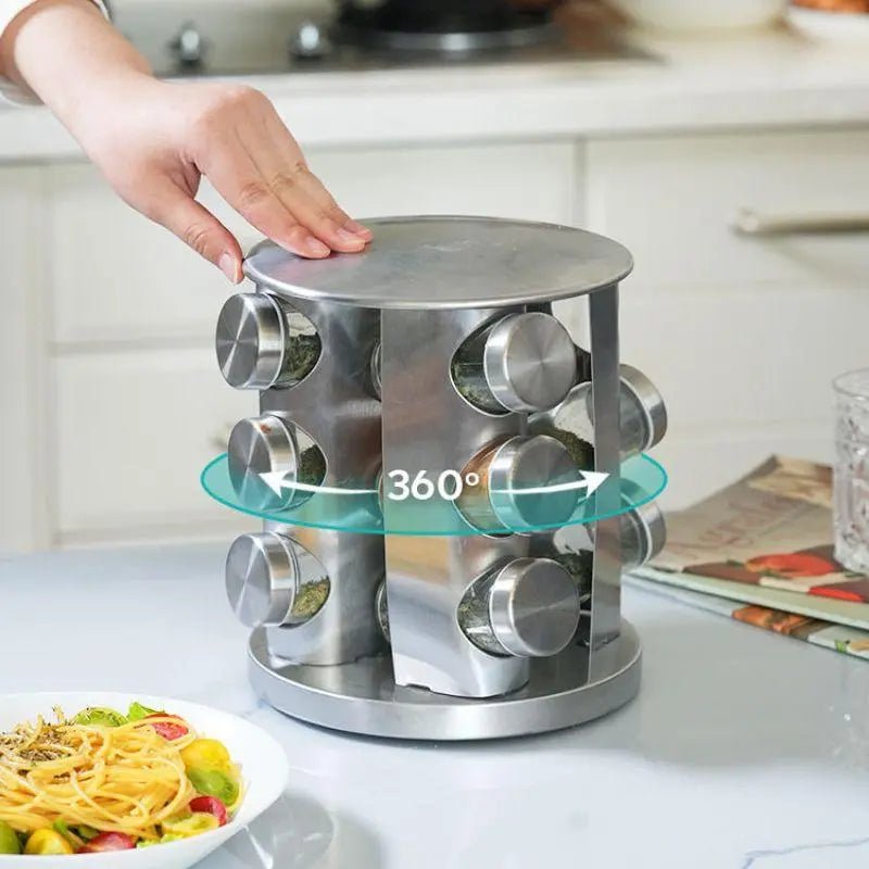Porta Temperos e Condimentos Giratório em Inox - 12 Potes - Tia Malu