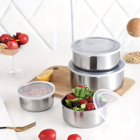 Jogo 5 Potes Tigelas em Inox Alumínio Com Tampa Redondo