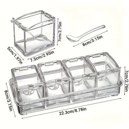 Porta Condimentos Organizador De Tempero Em Acrílico Com Suporte e Colher Inclusos - Entrega Grátis