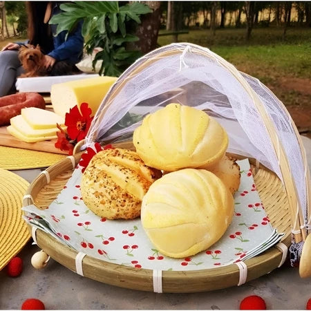 CestFresh - Cesto de Bamboo Com Cobertura de Tela Retrátil Protetor de Alimentos - Entrega Grátis