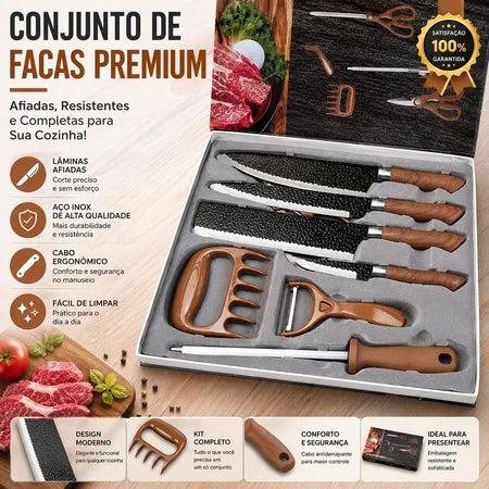 Conjunto de Facas Premium Kit Churrasco Profissional Em Inox 8 Peças - Entrega Grátis