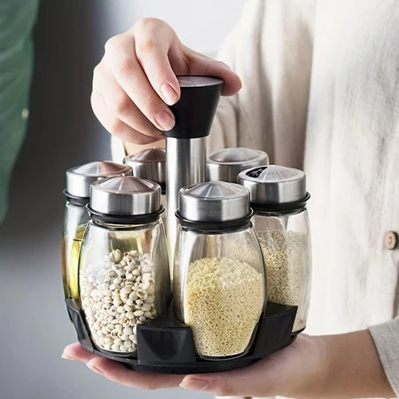 Porta Temperos e Especiarias Giratório Em Inox e Vidro Com 7 Peças Para Cozinha - Entrega Grátis