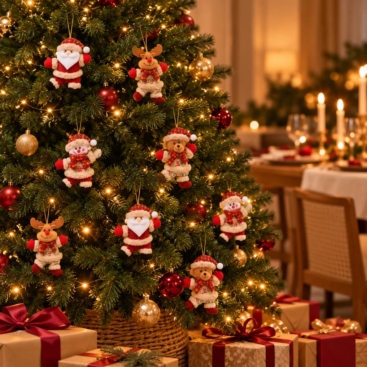 Kit Enfeites de Natal de Pelúcia Para Árvore com Papai Noel, Rena, Boneco de Neve e Urso - Entrega Grátis