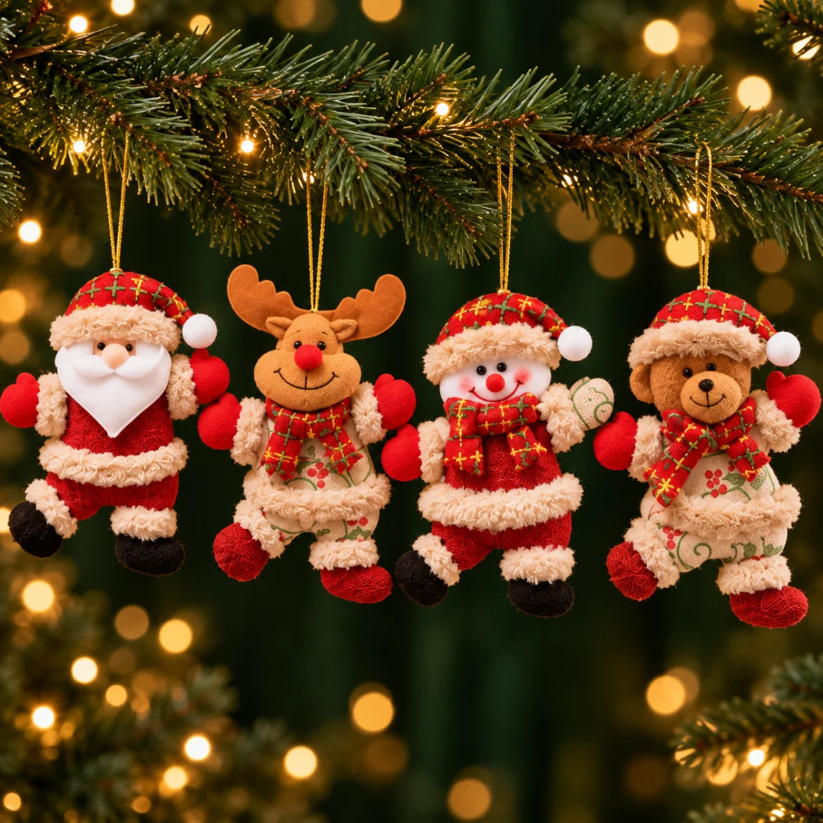 Kit Enfeites de Natal de Pelúcia Para Árvore com Papai Noel, Rena, Boneco de Neve e Urso - Entrega Grátis