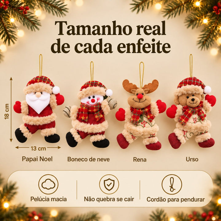 Kit Enfeites de Natal de Pelúcia Para Árvore com Papai Noel, Rena, Boneco de Neve e Urso - Entrega Grátis